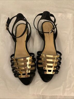 Jessica Simpson Black Heeled Sandals with Gold Plated Straps
